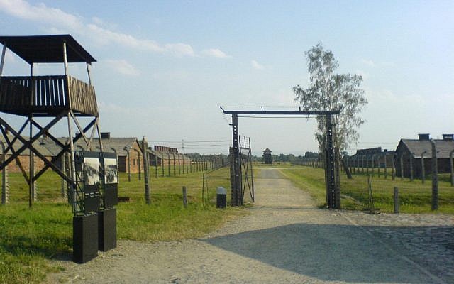 A guard tower at the Auschwitz-Birkenau concentration camp in Poland (photo credit: CC BY Fish and karate, Wikimedia Commons) A guard tower at the Auschwitz-Birkenau concentration camp in Poland (photo credit: CC BY Fish and karate, Wikimedia Commons)