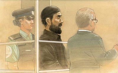In this courtroom sketch, Raed Jaser appears in court in Toronto on Tuesday, April 23 (photo credit: AP/The Canadian Press, John Mantha)