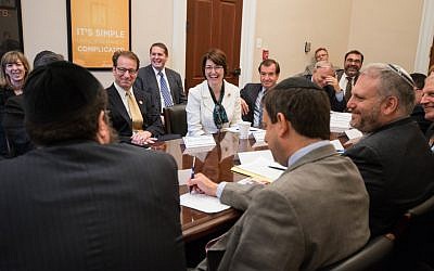 Rep. Cathy McMorris Rodgers, the chairwoman of the Republican Conference in the US House of Representatives, at the center of a Jewish leaders roundtable in Washington, April 12, 2013. (photo credit: Courtesy House Republican Conference/JTA)