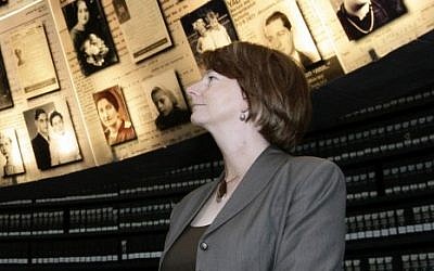 Former Australian prime minister Julia Gillard, the first Australian parliamentarian to sign the London Declaration, is photographed at the Yad Vashem Holocaust Memorial museum in Jerusalem in 2009. (photo credit: Abir Sultan/Flash90)
