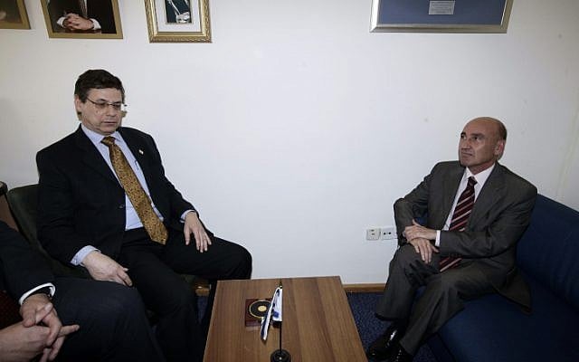 Turkish ambassador to Israel Ahmet Oguz Celikkol, right, on the low chair (Photo credit: Abir Sultan/ Flash 90) Turkish ambassador to Israel Ahmet Oguz Celikkol, right, on the low chair (Photo credit: Abir Sultan/ Flash 90)