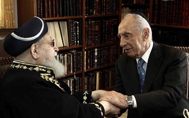 President Shimon Peres shakes hands with Shas spiritual leader Rabbi Ovadia Yosef in Jerusalem last year (photo credit: Kobi Gideon/Flash90) President Shimon Peres shakes hands with Shas spiritual leader Rabbi Ovadia Yosef in Jerusalem last year (photo credit: Kobi Gideon/Flash90)