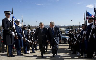 Secretary of Defense Hagel alongside Israel's previous defense minister, Ehud Barak, in early March at the Pentagon (Photo credit: Erin A. Kirk-Cuomo/ Ministry of Defense/ Flash 90)