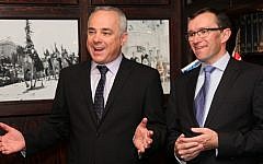 Minister of International Relations Yuval Steinitz with Norwegian Foreign Minister Espen Barth Eide (R) in Jerusalem, April 4, 2013. (photo credit: Marc Israel Sellem/Flash90)