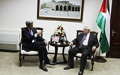 US Secretary of State John Kerry (left) seen with Palestinian Authority President Mahmoud Abbas in the West Bank city of Ramallah, April 7, 2013. (photo credit: Issam Rimawi/Flash90)