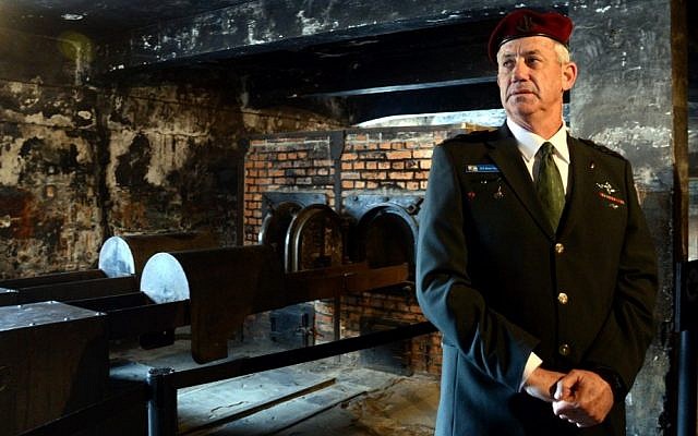 IDF Chief of Staff Benny Gantz visiting the crematorium at the Auschwitz death camp in Poland, as he takes part in the 'March of the Living' on the eve of Holocaust Remembrance Day, on April 7, 2013. (photo credit: Yossi Zeliger/Flash90)