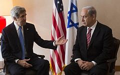 Israeli Prime Minister Benjamin Netanyahu meets with US Secretary of State John Kerry in Jerusalem on April 8, 2013 (photo credit: Yonatan Sindel/Flash90)