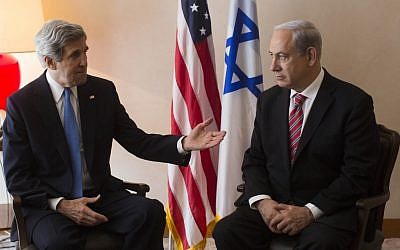 Israeli Prime Minister Benjamin Netanyahu meets with US Secretary of State John Kerry in Jerusalem on April 8, 2013 (photo credit: Yonatan Sindel/Flash90)