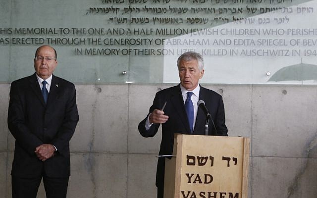 US Defense Secretary Chuck Hagel and Israeli Defence Minister Moshe Yaalon visit the Yad Vashem Holocaust Memorial Museum in Jerusalem, April 21 (photo credit: Miriam Alster/Flash90) US Defense Secretary Chuck Hagel and Israeli Defence Minister Moshe Yaalon visit the Yad Vashem Holocaust Memorial Museum in Jerusalem, April 21 (photo credit: Miriam Alster/Flash90)