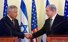 Prime Minister Benjamin Netanyahu (right) with US Secretary of Defense Chuck Hagel during a meeting in Jerusalem on April 23, 2013. (photo credit: Moshe Milner/GPO/Flash90)