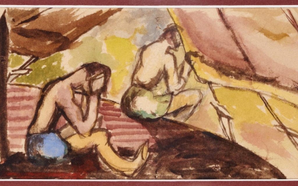 A scene from internment by Wolfgang Gerson, watercolor on toilet paper, from Camp N in Sherbrooke, Quebec, circa 1940-1942. Gerson gave lectures to fellow internees while imprisoned in camps in Quebec and Ontario and painted on whatever he could due to the scarcity of paper. (photo credit: Jessica Bushey/Courtesy the Gerson family)