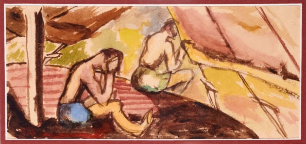A scene from internment by Wolfgang Gerson, watercolor on toilet paper, from Camp N in Sherbrooke, Quebec, circa 1940-1942. Gerson gave lectures to fellow internees while imprisoned in camps in Quebec and Ontario and painted on whatever he could due to the scarcity of paper. (photo credit: Jessica Bushey/Courtesy the Gerson family) A scene from internment by Wolfgang Gerson, watercolor on toilet paper, from Camp N in Sherbrooke, Quebec, circa 1940-1942. Gerson gave lectures to fellow internees while imprisoned in camps in Quebec and Ontario and painted on whatever he could due to the scarcity of paper. (photo credit: Jessica Bushey/Courtesy the Gerson family)