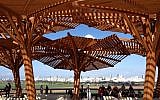 Pergolas shade the overlook at Ariel Sharon Park. (Jessica Steinberg/Times of Israel)