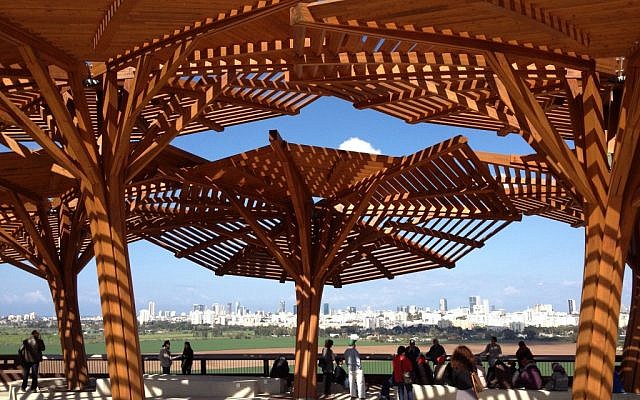 Pergolas shade the overlook at Ariel Sharon Park. (Jessica Steinberg/Times of Israel)