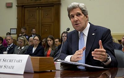Secretary of State John Kerry testifies on Capitol Hill in Washington, Wednesday, April 17, 2013, before the House Foreign Affairs Committee hearing on the State Department's fiscal 2014 foreign affairs budget (photo credit: AP/Carolyn Kaster)