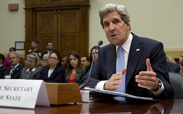Secretary of State John Kerry testifies on Capitol Hill in Washington, Wednesday, April 17, 2013, before the House Foreign Affairs Committee hearing on the State Department's fiscal 2014 foreign affairs budget (photo credit: AP/Carolyn Kaster) Secretary of State John Kerry testifies on Capitol Hill in Washington, Wednesday, April 17, 2013, before the House Foreign Affairs Committee hearing on the State Department's fiscal 2014 foreign affairs budget (photo credit: AP/Carolyn Kaster)