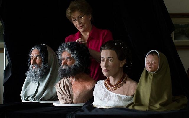 Forensic artist Victoria Lywood with four faces reconstructed from ancient skulls found in Israel (photo credit: Courtesy of Associated Producers Ltd.) Forensic artist Victoria Lywood with four faces reconstructed from ancient skulls found in Israel (photo credit: Courtesy of Associated Producers Ltd.)
