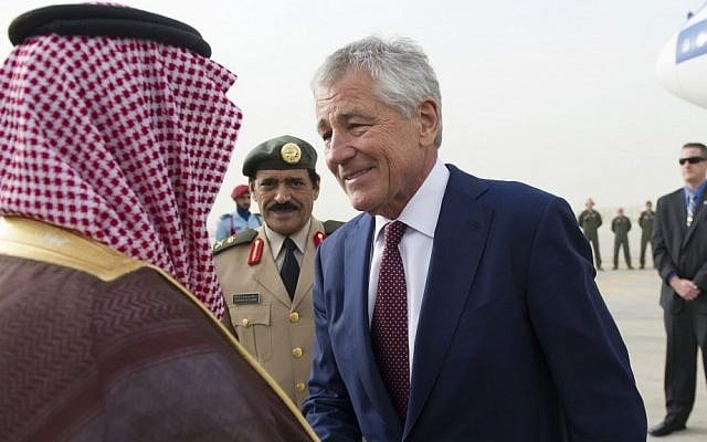 US Secretary of Defense Chuck Hagel is greeted by Saudi Arabia's Deputy Minister of Defense Prince Fahd bin Abdullah, left, upon his arrival at King Khaled International Airport in Riyadh, on April 23, 2013. (photo credit: AP Photo/Jim Watson, Pool) US Secretary of Defense Chuck Hagel is greeted by Saudi Arabia's Deputy Minister of Defense Prince Fahd bin Abdullah, left, upon his arrival at King Khaled International Airport in Riyadh, on April 23, 2013. (photo credit: AP Photo/Jim Watson, Pool)
