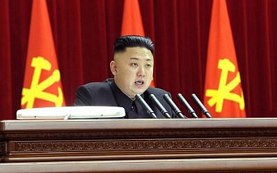 North Korean leader Kim Jong-un gives a speech during a plenary meeting of the central committee of the ruling Workers' Party in Pyongyang, North Korea, on March 31, 2013. (photo credit: AP/KCNA via KNS)