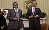 US President Barack Obama, with Sheik Hamad bin Khalifa Al Thani of Qatar, following their meeting in the Oval Office of the White House in Washington, Tuesday, April 23, 2013. (photo credit: AP/Pablo Martinez Monsivais)