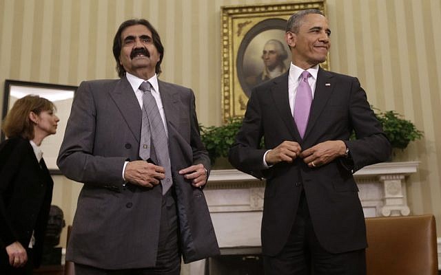 US President Barack Obama, with Sheik Hamad bin Khalifa Al Thani of Qatar, following their meeting in the Oval Office of the White House in Washington, Tuesday, April 23, 2013. (photo credit: AP/Pablo Martinez Monsivais) US President Barack Obama, with Sheik Hamad bin Khalifa Al Thani of Qatar, following their meeting in the Oval Office of the White House in Washington, Tuesday, April 23, 2013. (photo credit: AP/Pablo Martinez Monsivais)