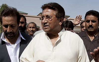 Pakistan's former President and military ruler Pervez Musharraf arrives under tight security to address supporters at his house on the outskirts of Islamabad, Pakistan (photo credit: AP/B.K. Bangash)