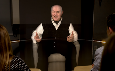 Holocaust survivor Pinchas Gutter as appearing on the hologram-like interactive presentation developed by the USC Shoah Foundation. (photo credit: USC Institute for Creative Technology)