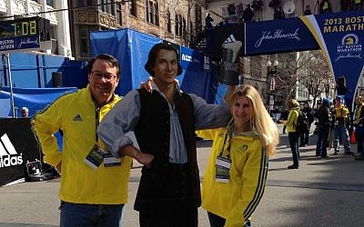 Rachel Glazer (far right) at the Boston Marathon finish line shortly before the attack. (photo credit: courtesy) Rachel Glazer (far right) at the Boston Marathon finish line shortly before the attack. (photo credit: courtesy)