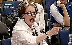 83-year-old Dora Roth fumes at politicians during a Knesset debate on the treatment of Holocaust survivors, Monday, April 29. ( image capture/Knesset Channel)