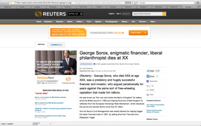 Reuters mistakenly published a pre-written obituary of financiar George Soros (screen capture: Reuters.com)