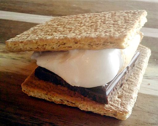 A traditional S'more, graham crackers sandwiching melted marshmallows and a square of chocolate (photo credit: Codeman125 (Own work) [CC-BY-SA-3.0) A traditional S'more, graham crackers sandwiching melted marshmallows and a square of chocolate (photo credit: Codeman125 (Own work) [CC-BY-SA-3.0)