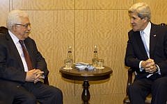 US Secretary of State John Kerry, right, meets with Palestinian President Mahmoud Abbas on Sunday, April 21, 2013, in Istanbul, Turkey. (photo credit: AP Photo/Evan Vucci, Pool)