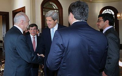 US Secretary of State John Kerry, center, and members of the Friends of Syria group are seen during a meeting in Istanbul, Turkey, Saturday, April 20, 2013 (photo credit: AP/Hakan Goktepe)