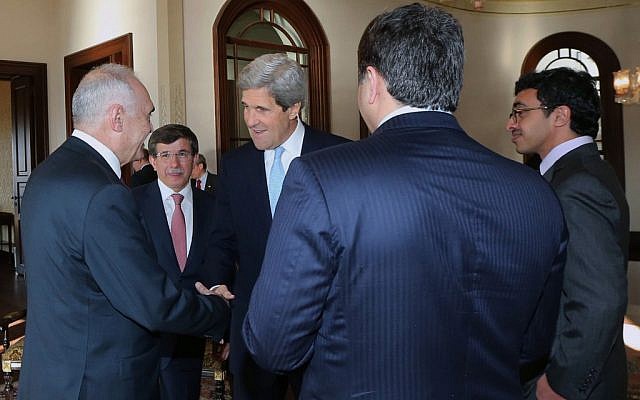 US Secretary of State John Kerry, center, and members of the Friends of Syria group during a meeting in Istanbul, Turkey, Saturday, April 20, 2013 (photo credit: AP/Hakan Goktepe) US Secretary of State John Kerry, center, and members of the Friends of Syria group during a meeting in Istanbul, Turkey, Saturday, April 20, 2013 (photo credit: AP/Hakan Goktepe)