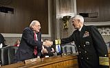 Senate Armed Services Committee Chairman Sen. Carl Levin, D-Mich., left, welcomes Adm. Samuel Locklear, commander of U.S. Pacific Command, on Capitol Hill in Washington, Tuesday, April 9, 2014, prior to Locklear testifying before the committee's hearing focusing on the Korean peninsula (AP Photo/J. Scott Applewhite)