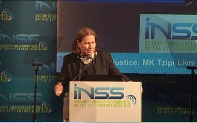 Tzipli Livni speaks Tuesday. (photo credit: screen capture/INSS)