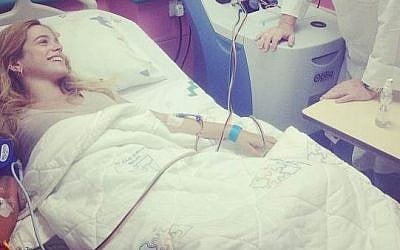 Agam Rudberg after donating bone marrow earlier this week at Schneider Children's Medical Center in Petah Tikva (Photo credit: Instagram)