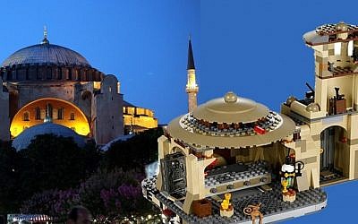 The Hagia Sophia basilica-turned-mosque, today a museum, contrasted with the Jabba's Palace Star Wars toy made by Lego. (left photo credit: Yossi Zamir/Flash90, right photo credt: Lego)