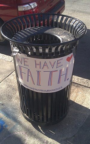 Trash receptacle on Newbury Street near the Boston Marathon attack site. (photo credit: Matt Lebovic/Times of Israel) Trash receptacle on Newbury Street near the Boston Marathon attack site. (photo credit: Matt Lebovic/Times of Israel)