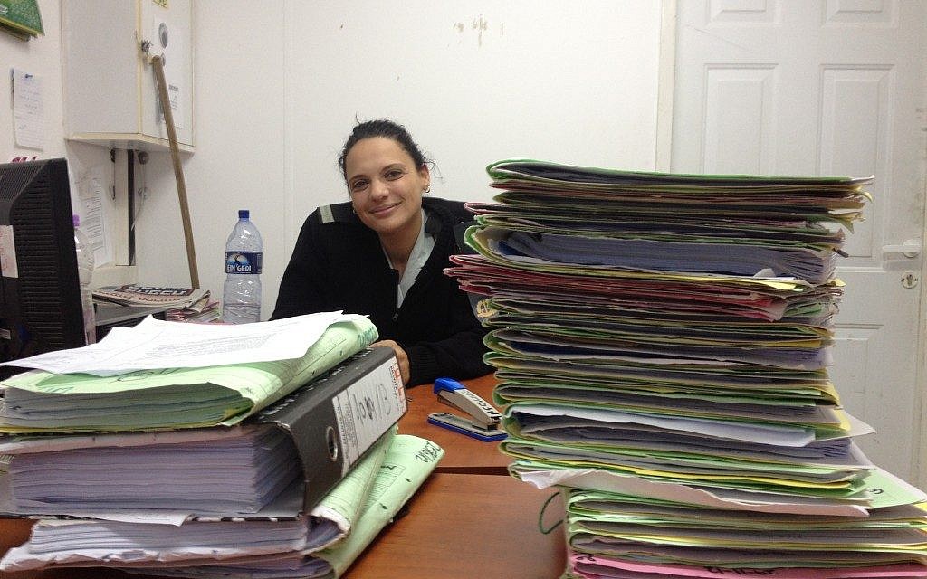 Lt. Arin Shaabi in her folder-filled office (Photo credit: Mitch Ginsburg/ Times of Israel) Lt. Arin Shaabi in her folder-filled office (Photo credit: Mitch Ginsburg/ Times of Israel)