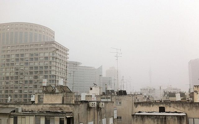 A thick haze hanging over Tel Aviv (photo credit: Times of Israel Staff) A thick haze hanging over Tel Aviv (photo credit: Times of Israel Staff)