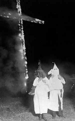 Early Klan cross burning. (photo credit: public domain)