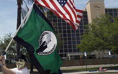 An Anonymous member at a protest in Florida. (photo credit: CC BY Anonymous9000, Flickr)