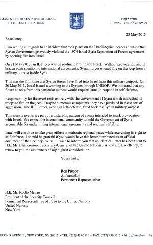 Israeli Ambassador to the United Nations Ron Prosor's letter of protest to the Security Council, from May 23, 2013. Israeli Ambassador to the United Nations Ron Prosor's letter of protest to the Security Council, from May 23, 2013.