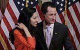 Former rep. Anthony Weiner, D-N.Y., and his wife, Huma Abedin are pictured after a ceremonial swearing in of the 112th Congress on Capitol Hill in Washington, Wednesday, January 5, 2011. (AP Photo/Charles Dharapak)