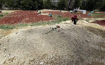 Flowers are placed on one of two newly dug graves at the Doswell, Va. cemetery where Boston Marathon bombing suspect Tamerlan Tsarnaev is buried, Friday, May 10, 2013 (photo credit: AP/Luis Alvarez)