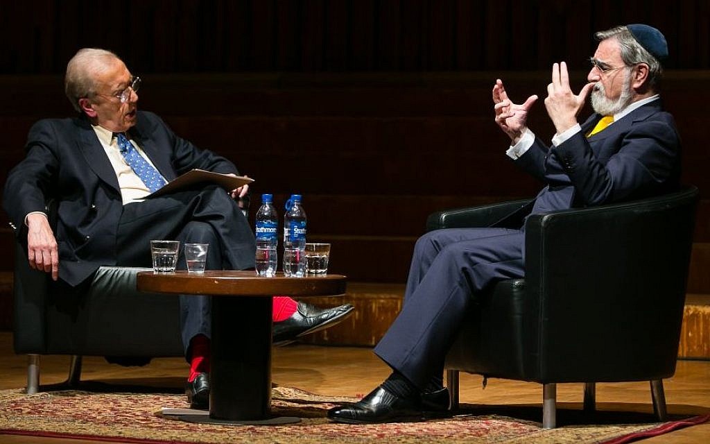 Chief Rabbi Jonathan Sacks speaks with Sir David Frost (photo credit: Yakir Zur)