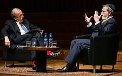 Chief Rabbi Jonathan Sacks speaks with Sir David Frost (photo credit: Yakir Zur)
