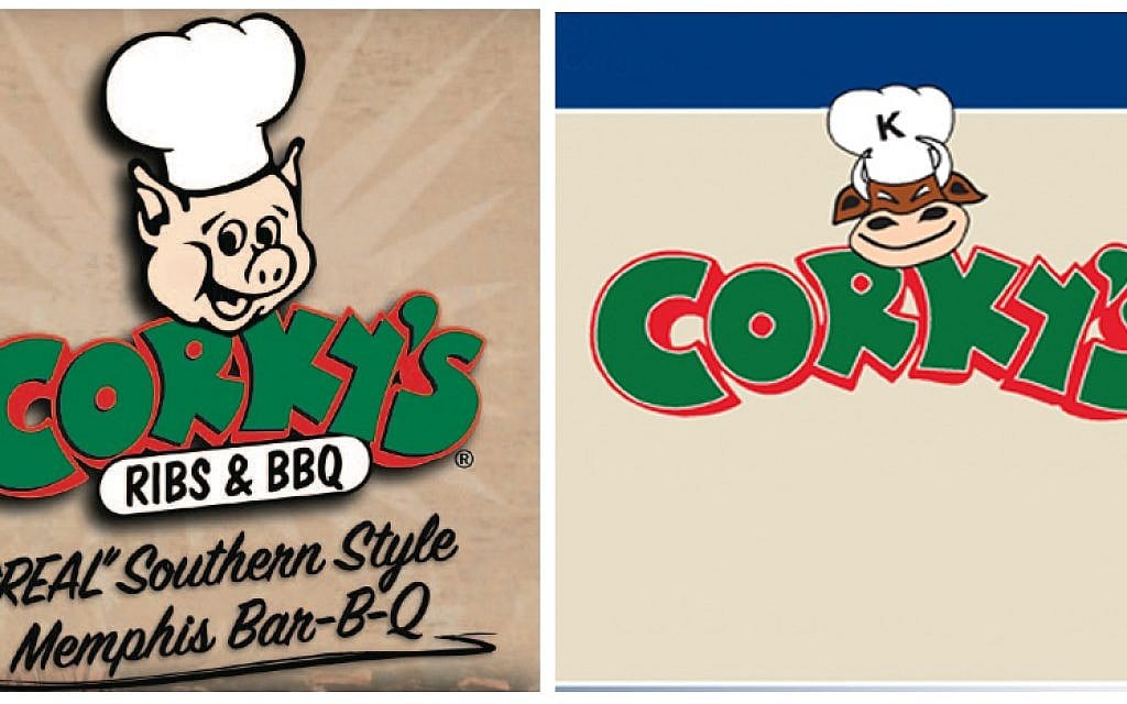 The original Corky's logo featuring a pig next to the kosher version of the logo featuring a cow. (photo credit: Corky's via JTA) The original Corky's logo featuring a pig next to the kosher version of the logo featuring a cow. (photo credit: Corky's via JTA)