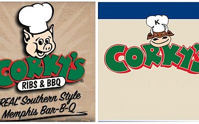 The original Corky's logo featuring a pig next to the kosher version of the logo featuring a cow. (photo credit: Corky's via JTA)